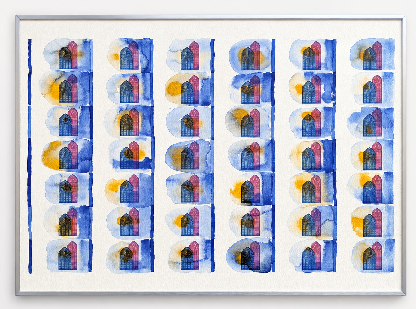 Forty-two variations on the twenty-euro note with Gothic windows and doorways.