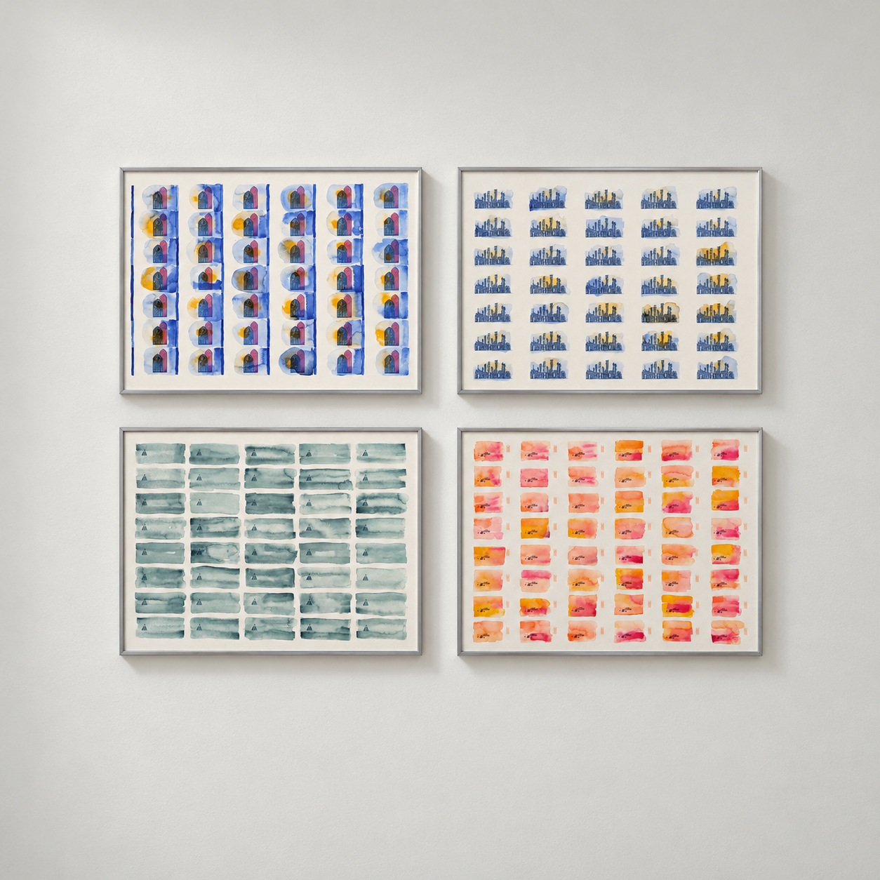 Four framed works from Tender Documents, showing the euro, Iranian rial, US dollar and British pound.