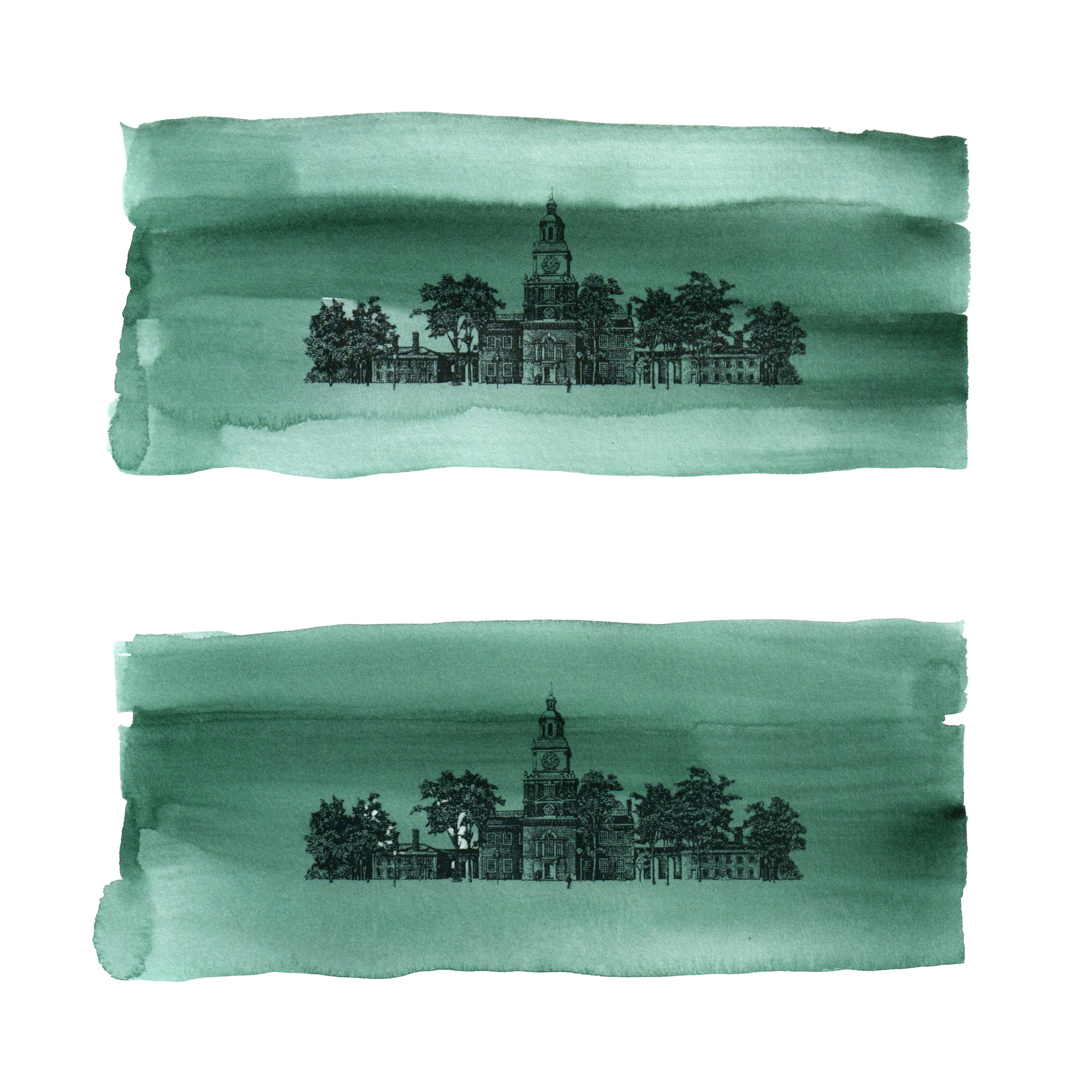 Two green hundred-dollar studies with a printed building and trees.