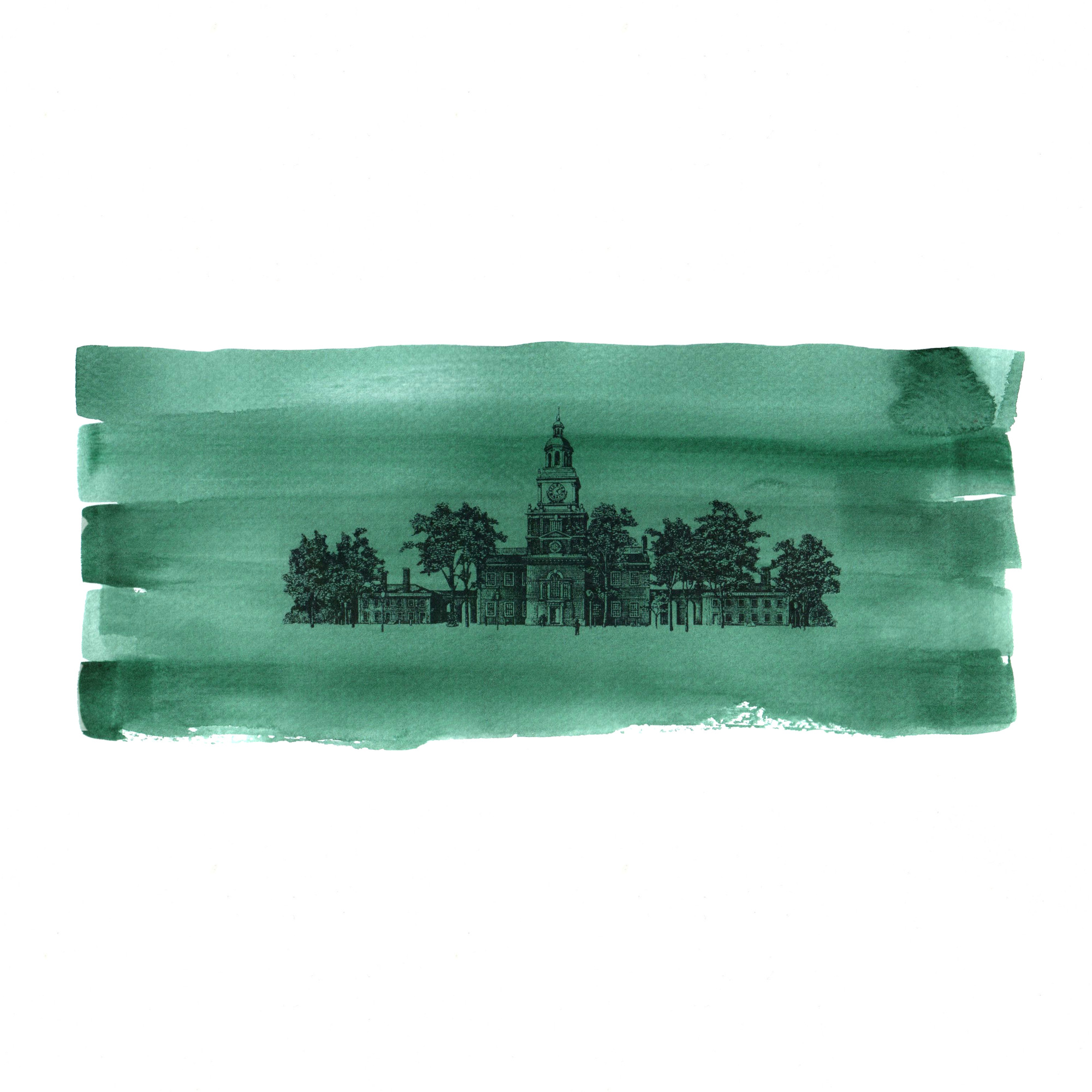 An individual hundred-dollar study with a building and trees in green washes.