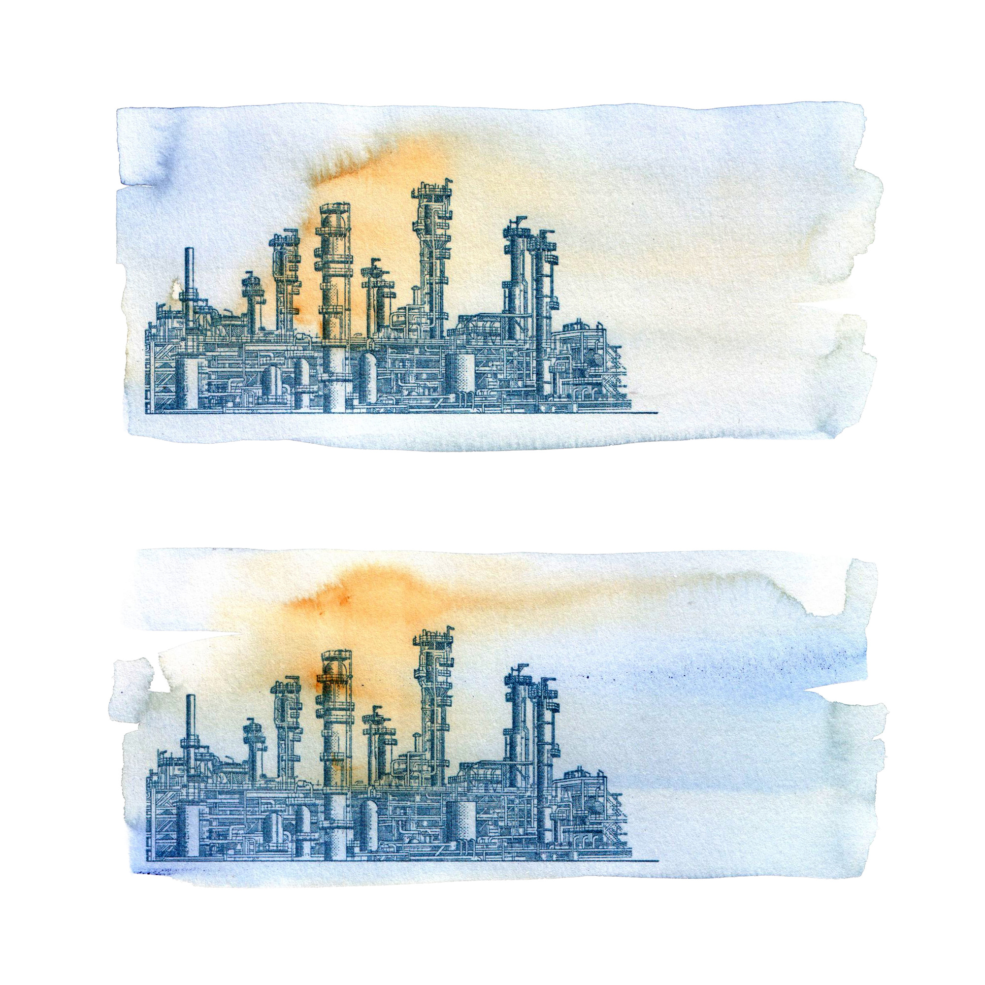 Two Iranian rial studies showing a processing plant in blue and yellow washes.