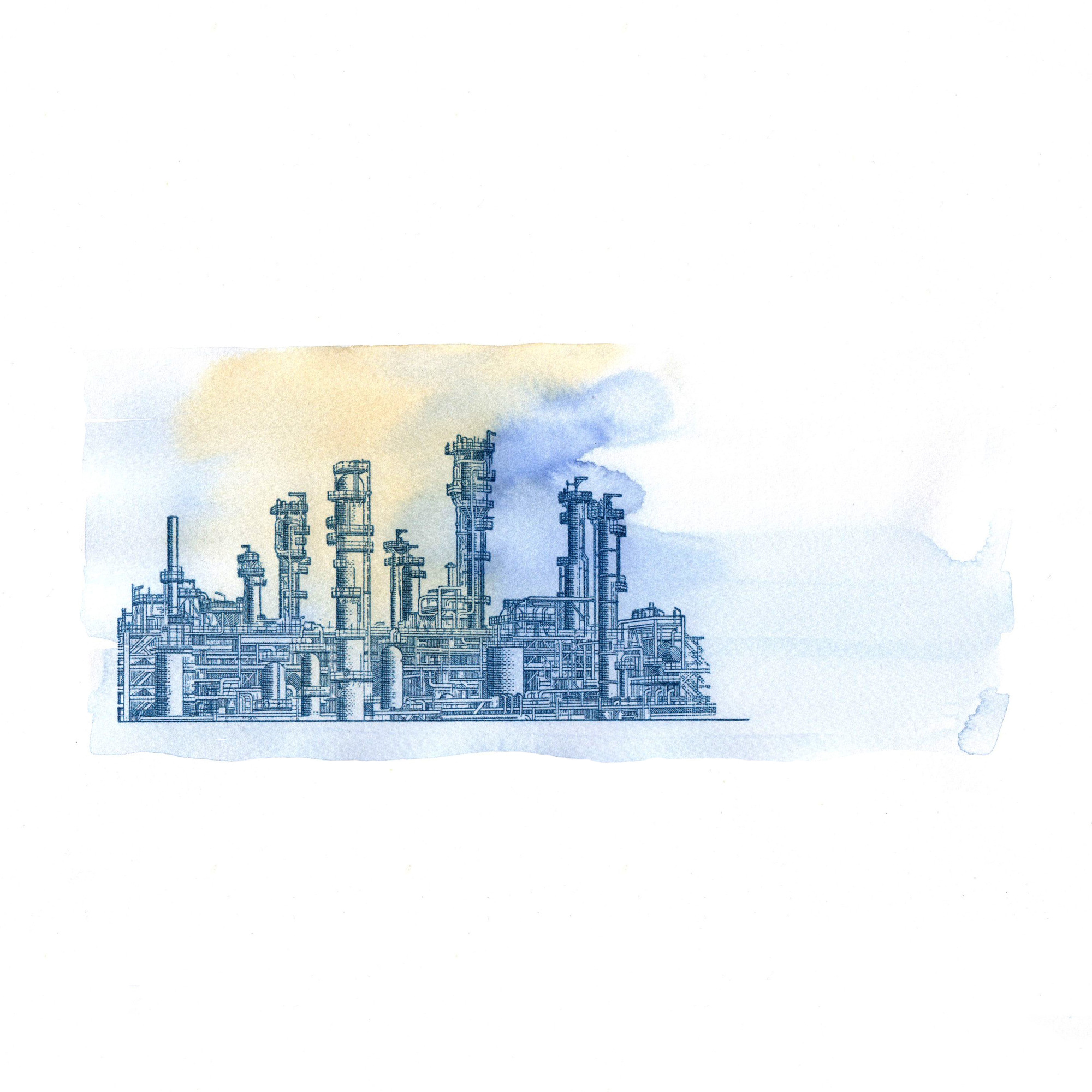 Another Iranian rial study with blue industrial structures beneath a yellow wash.