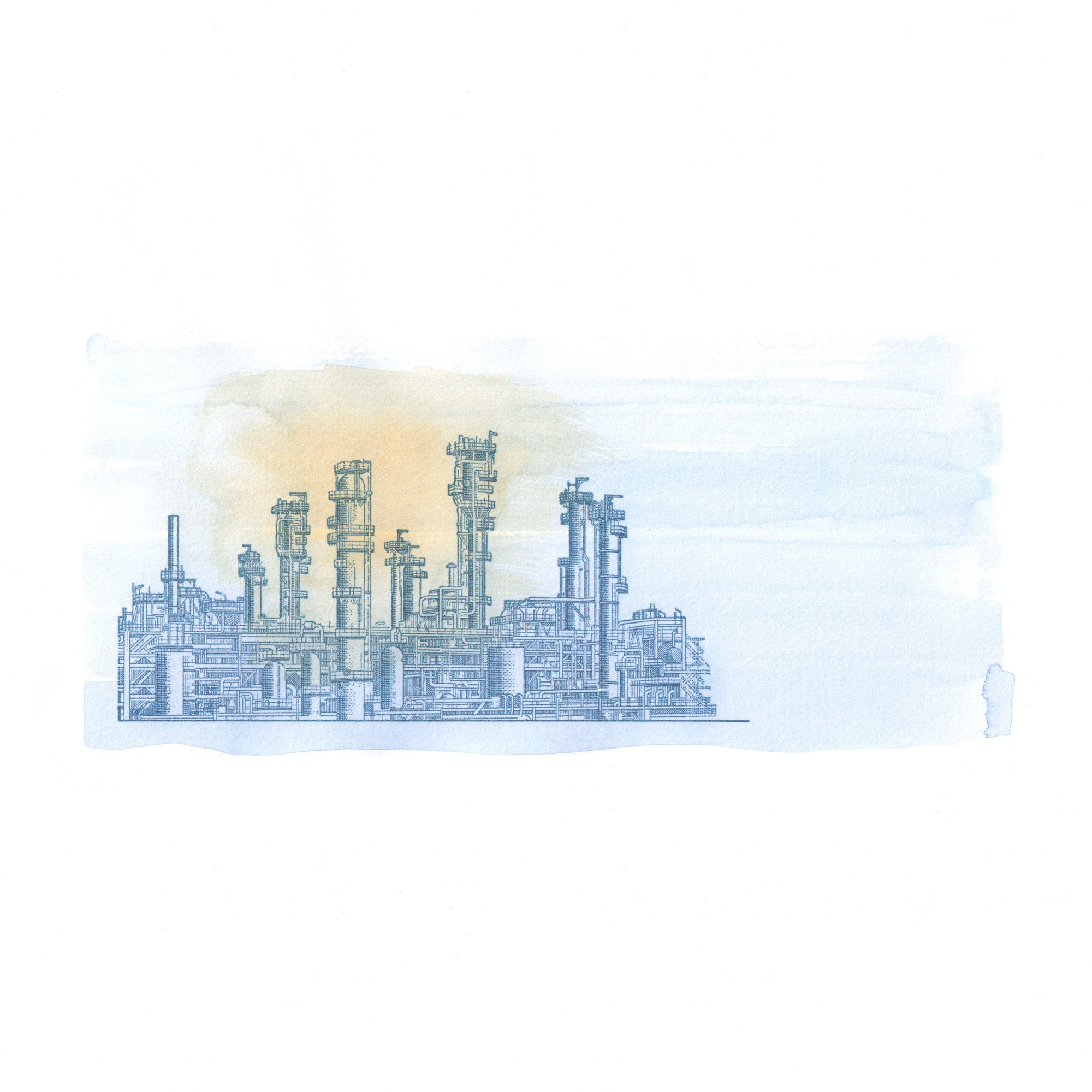 An Iranian rial study with an industrial plant in a pale blue wash.