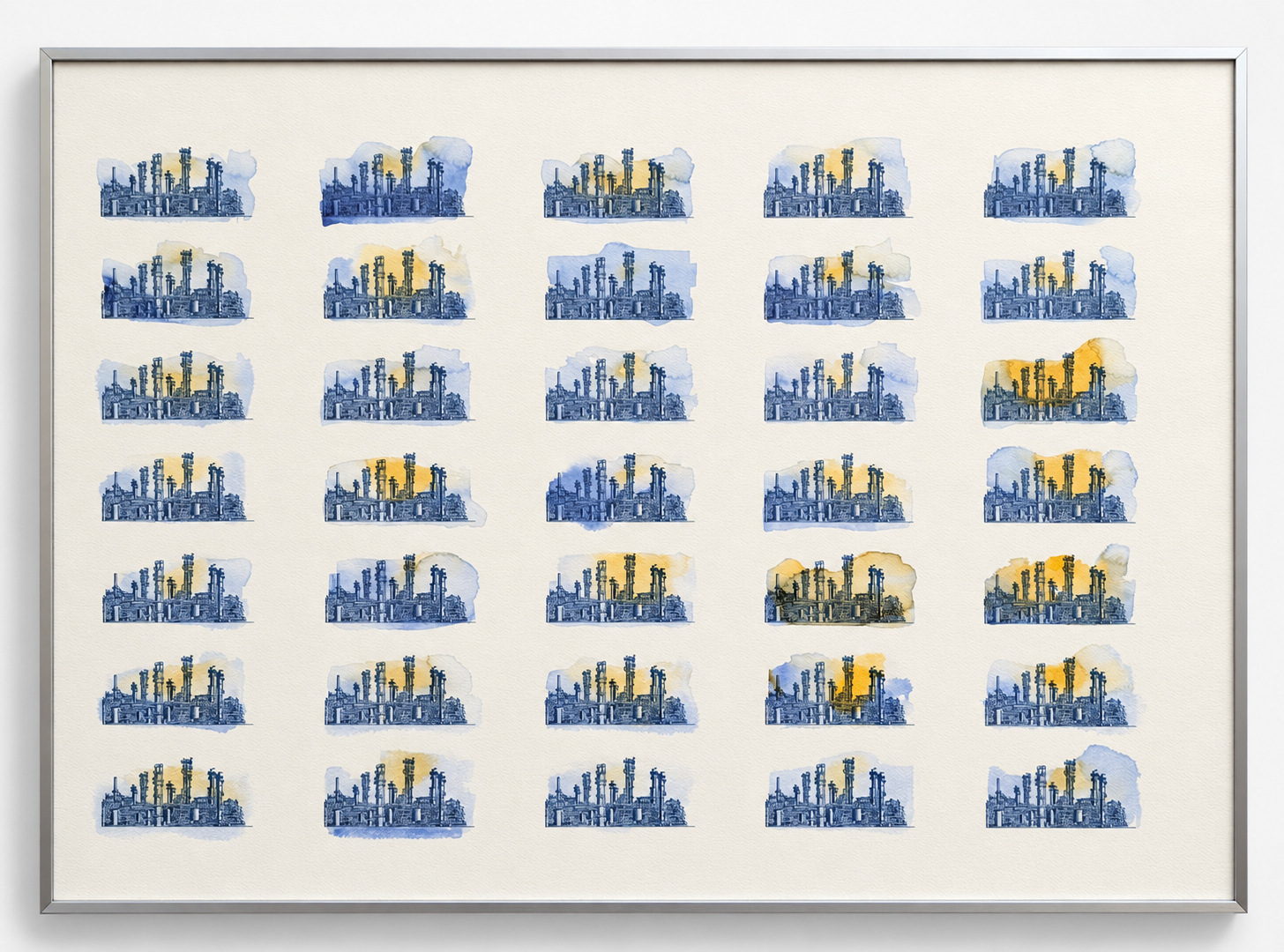 Thirty-five variations on the one-million-rial note with blue industrial structures.