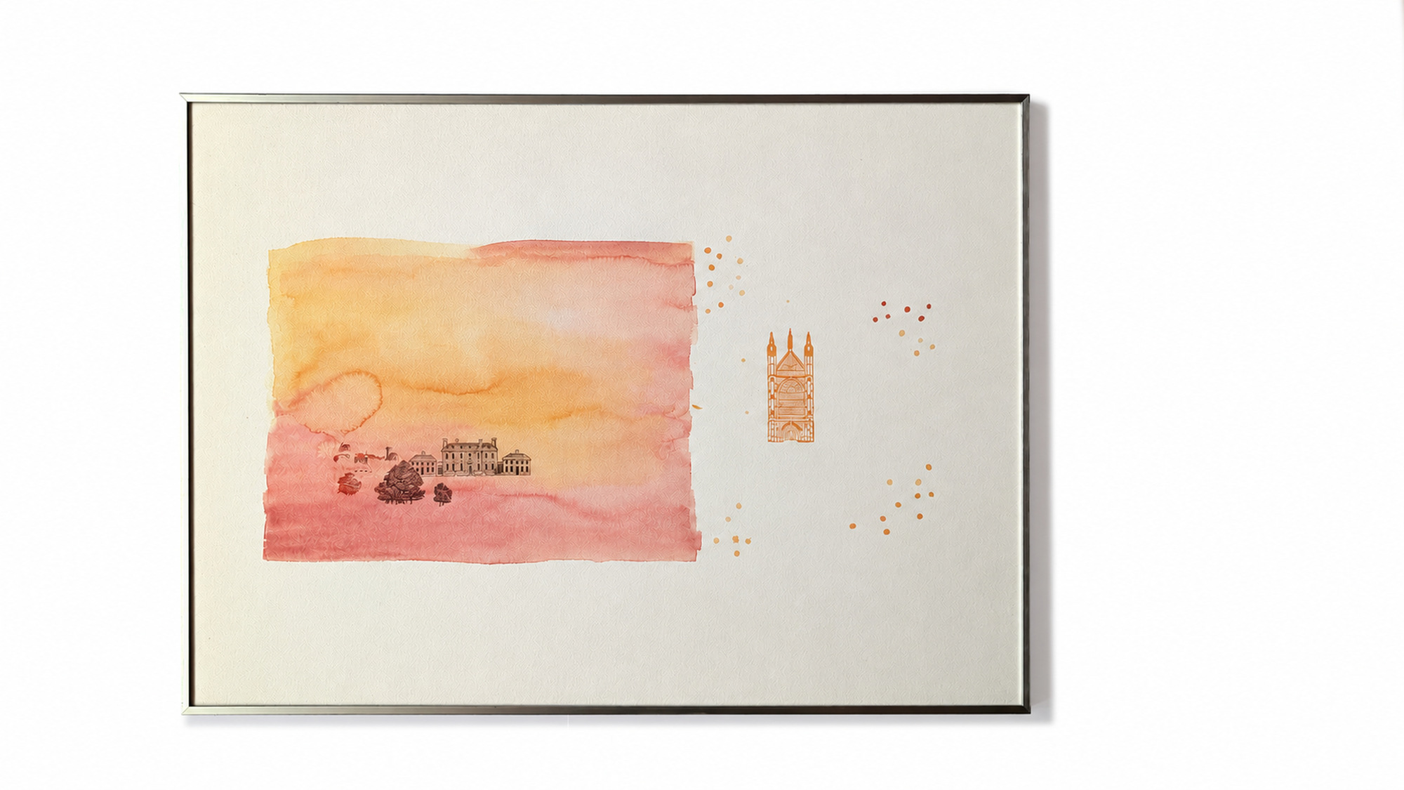 A framed ten-pound-note composition in orange and pink, with architectural details.