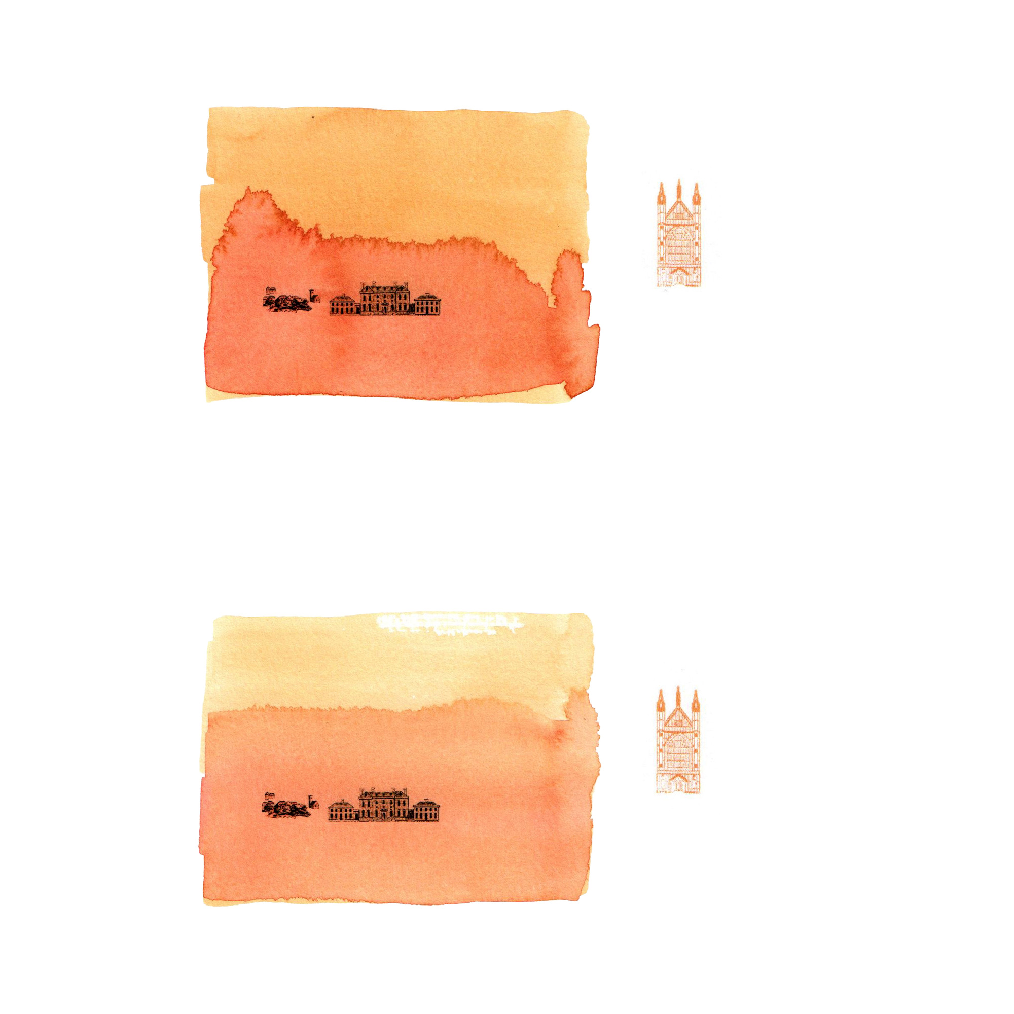 Two orange and pink ten-pound-note studies.