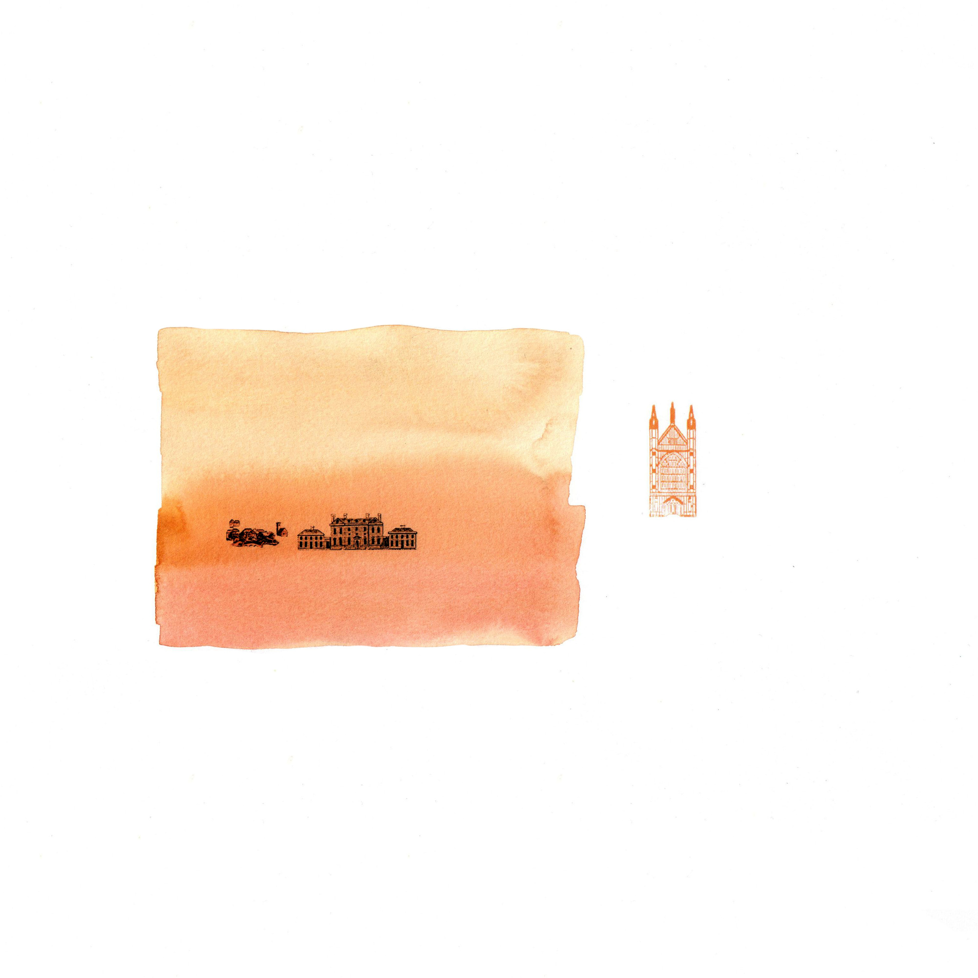 An individual ten-pound-note study with orange and pink washes.