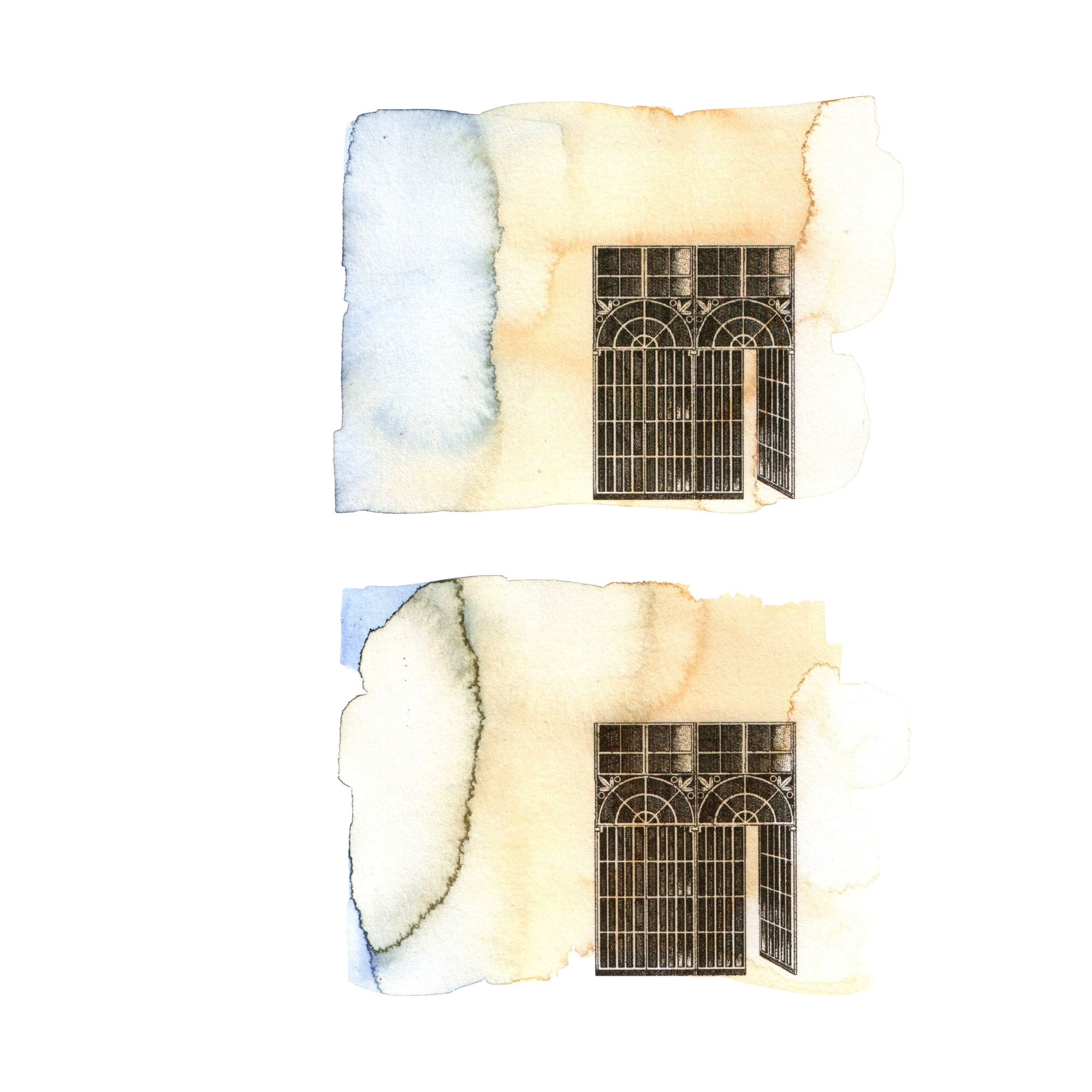 Two further two-hundred-euro studies with pale watercolour washes and a printed gate.