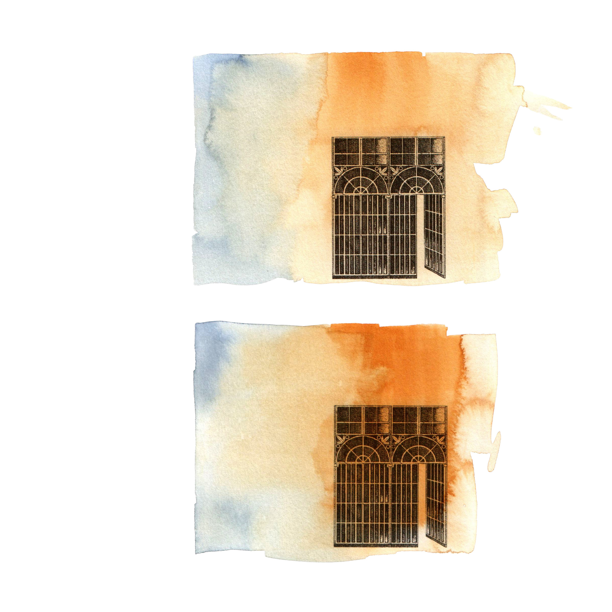 Two two-hundred-euro studies featuring a gate within pale blue and orange washes.