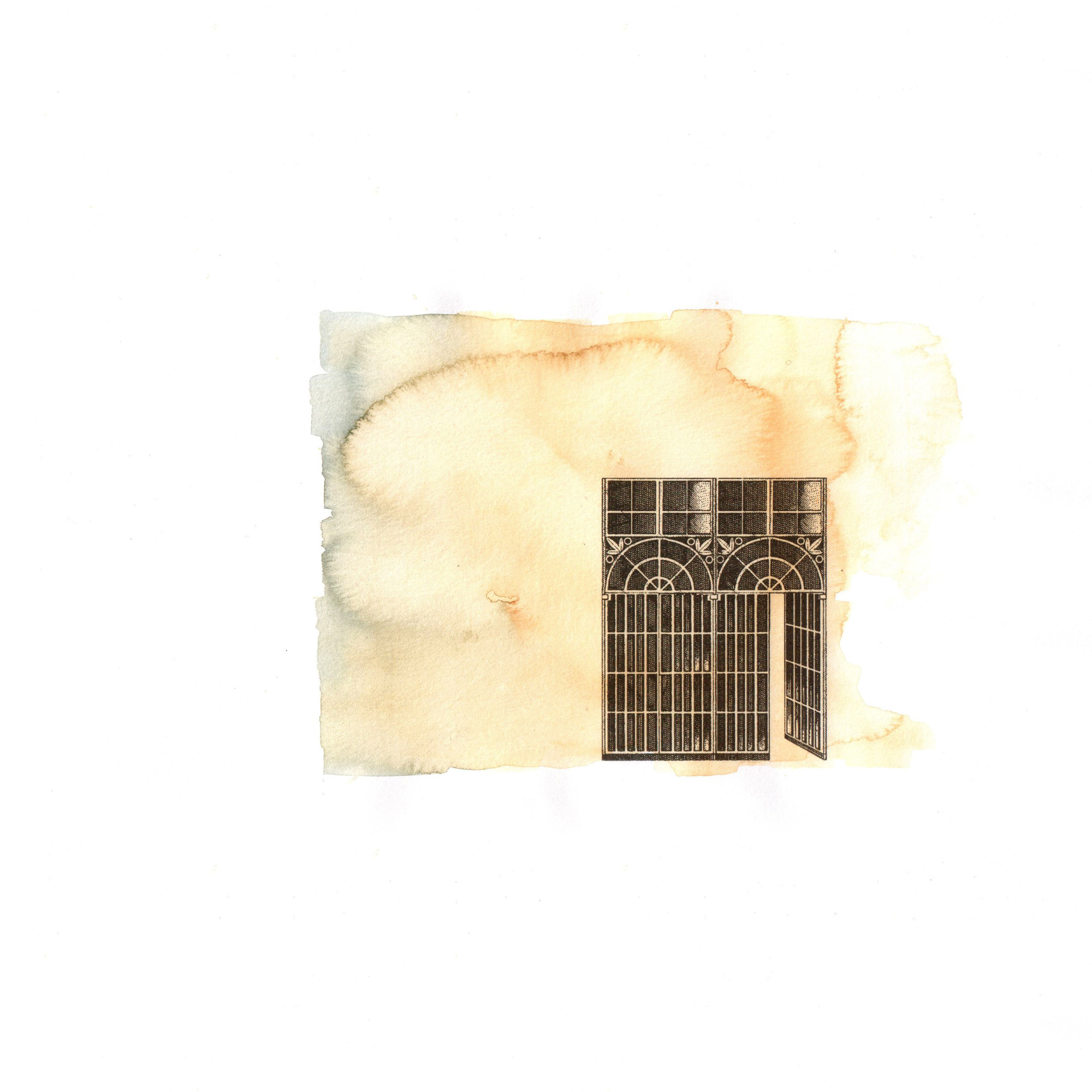An individual two-hundred-euro study with a printed gate and a pale yellow wash.