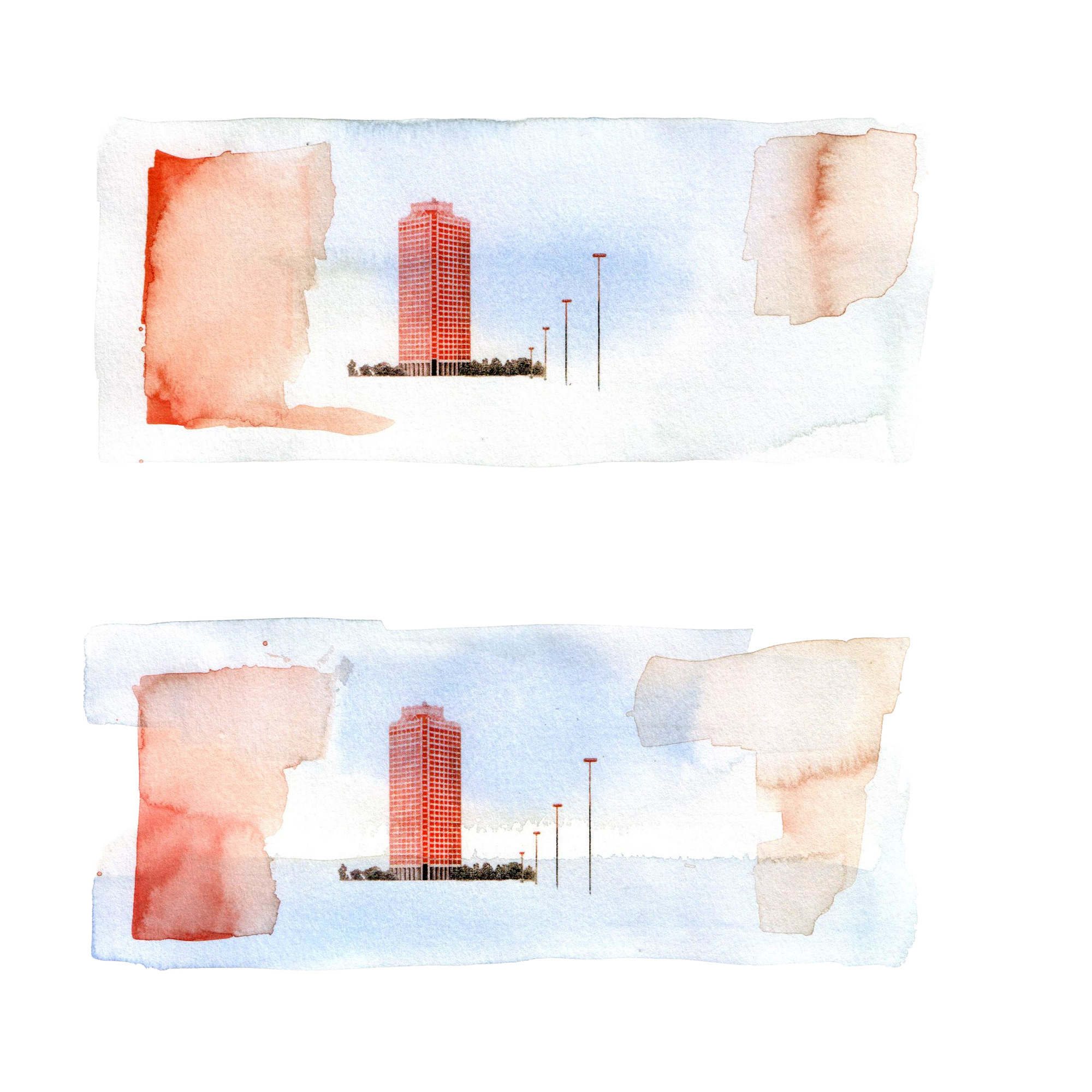 Two UAE banknote studies with a red tower and streetlights.