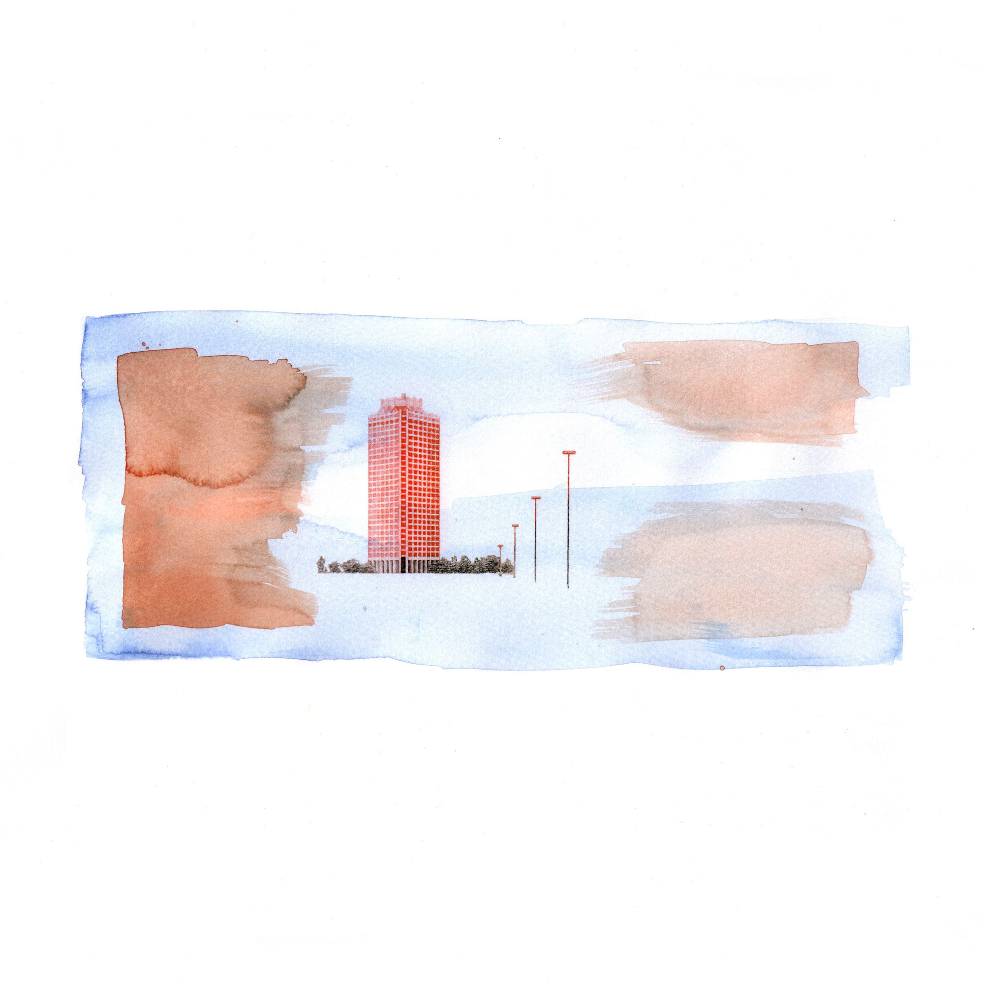 Another UAE banknote study with a red tower, streetlights and coloured washes.