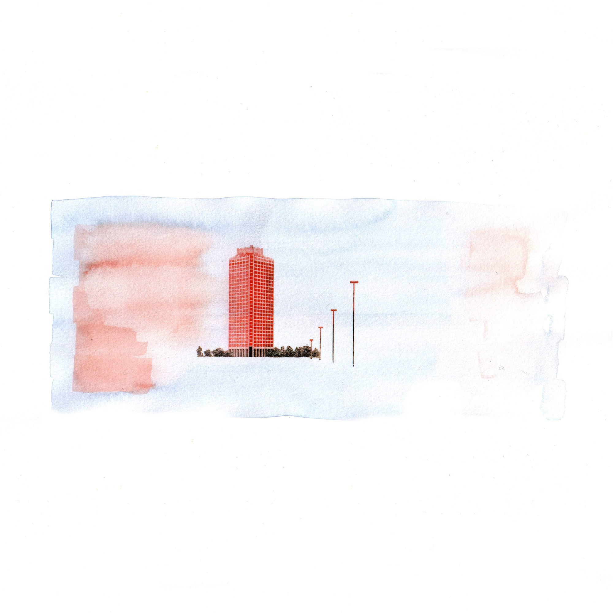 A UAE banknote study with a red tower surrounded by pale blue and pink washes.