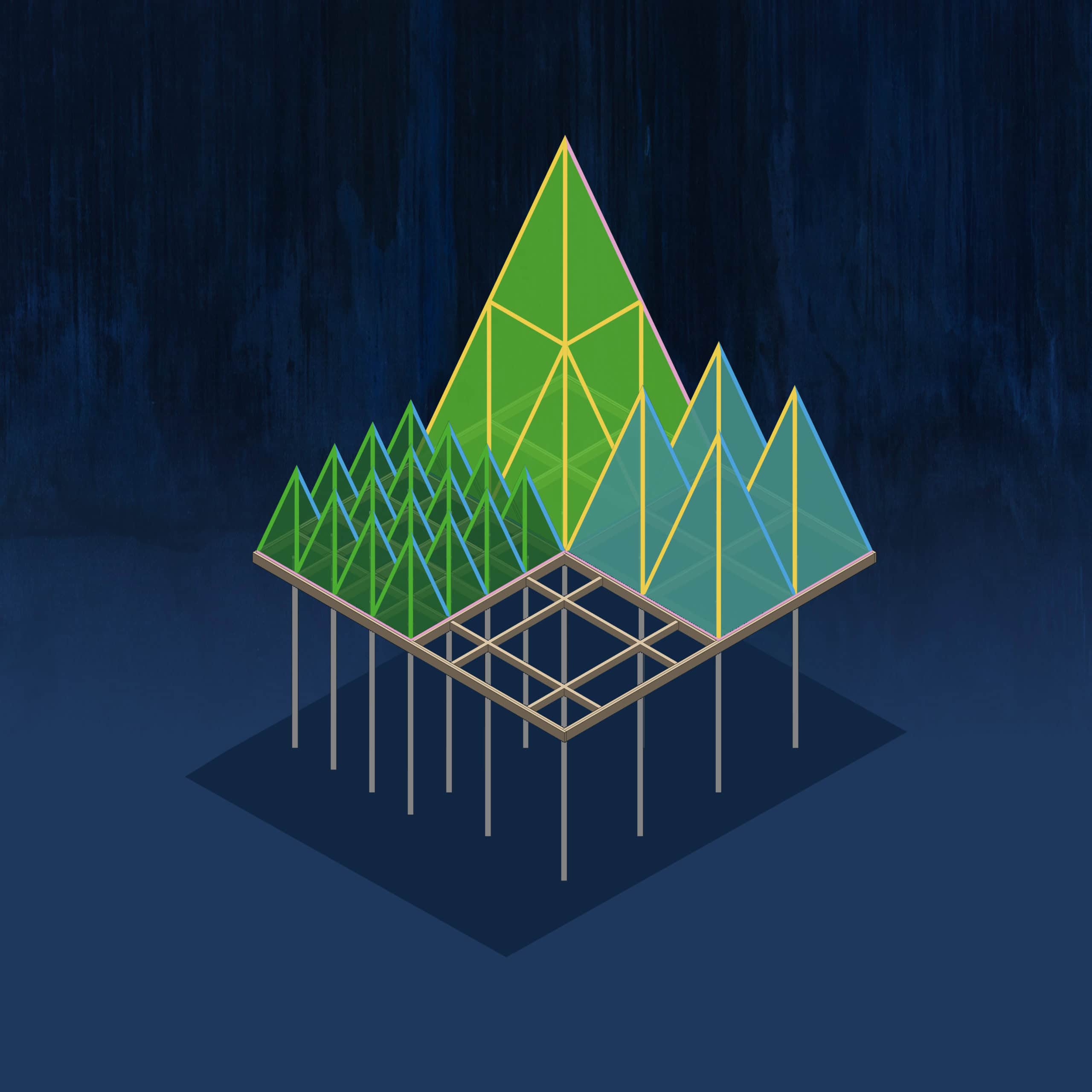 Axonometric design drawing of the timber pyramids and metal trunks