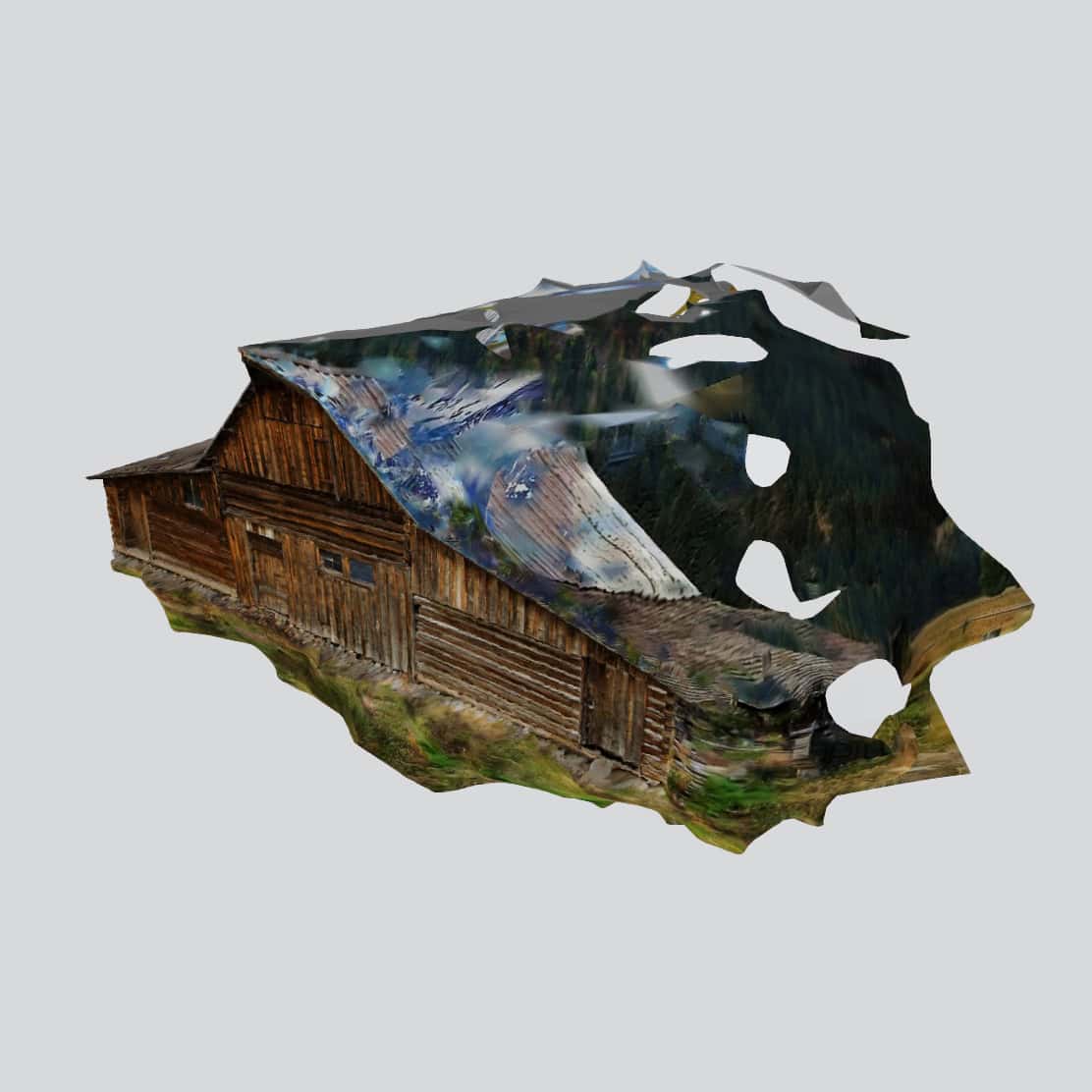 Photogrammetry model of the barn with large gaps in its roof